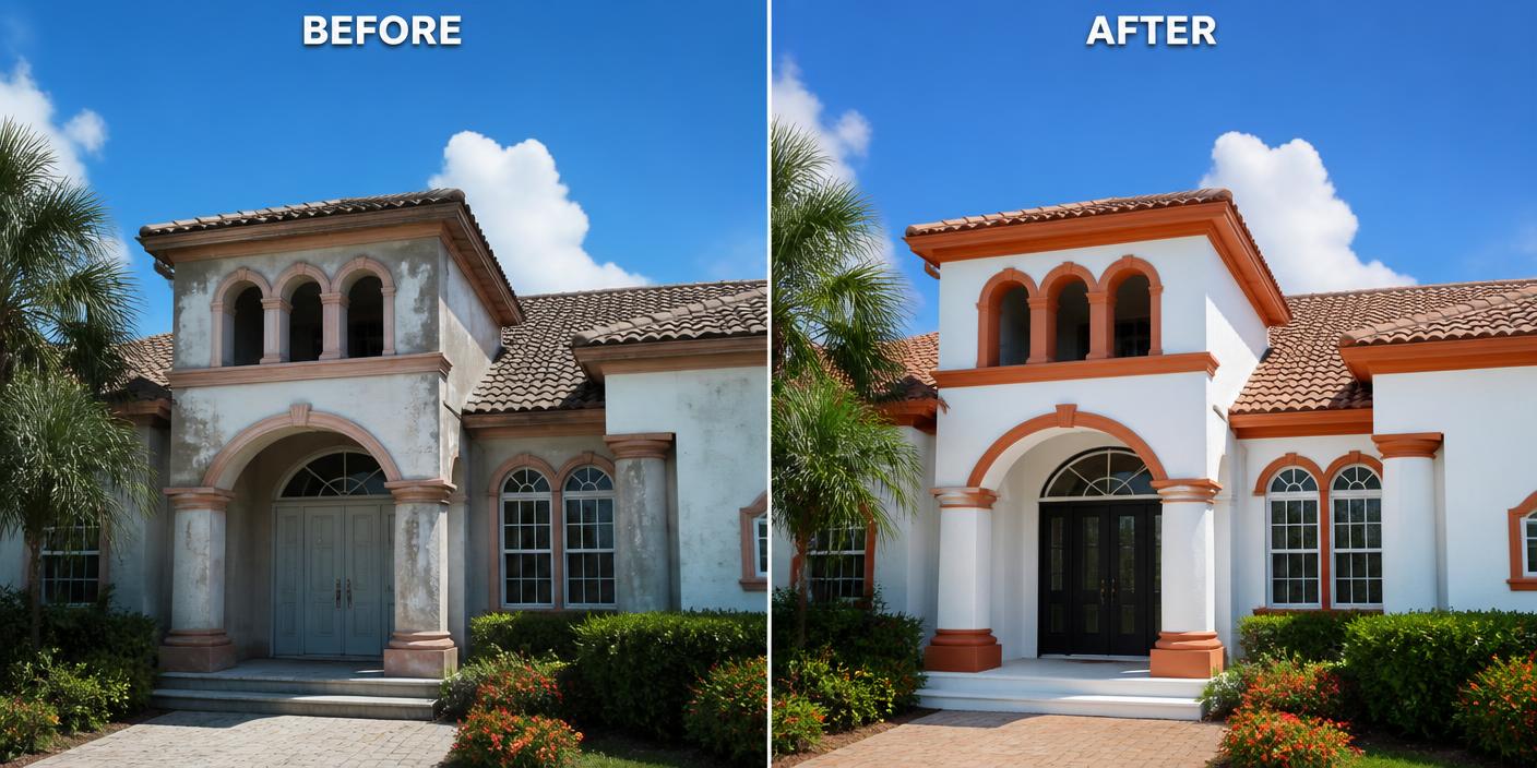 Before and after exterior house painting transformation