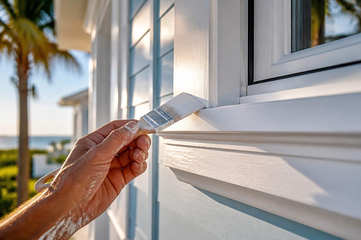 Close-up of clean white window trim painting on coastal home